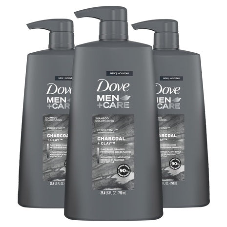 3 Dove Men+Care Charcoal + Clay Shampoo Bottles