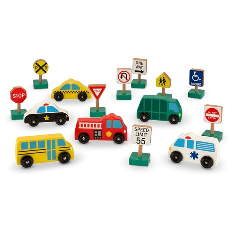 Wooden Vehicles and Traffic Signs with 6 Cars and 9 Signs
