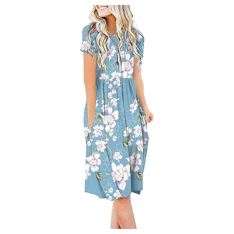 Women's Summer Casual Short Sleeve Empire Waist Dress With Pockets
