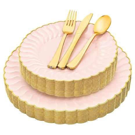 125 Pink and Gold Plastic Plates