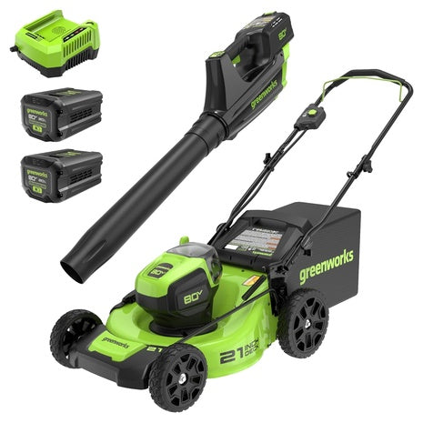 Greenworks Lawn Mower + Leaf Blower and 2 Batteries