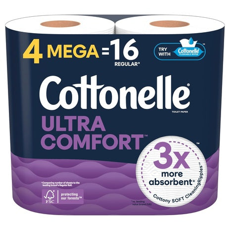4 Mega (16 Regular) Rolls Of Cottonelle Ultra Comfort Soft Toilet Paper