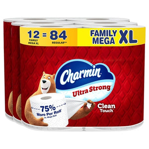 12 Family Mega XL Rolls (=84 Reg) Charmin Ultra Strong Clean Touch Toilet Paper