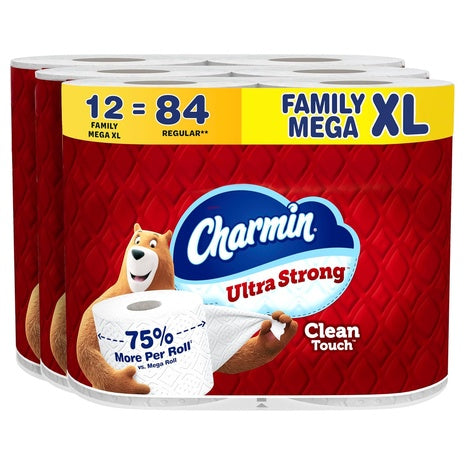 12 Family Mega XL Rolls (=84 Reg) Charmin Ultra Strong Clean Touch Toilet Paper