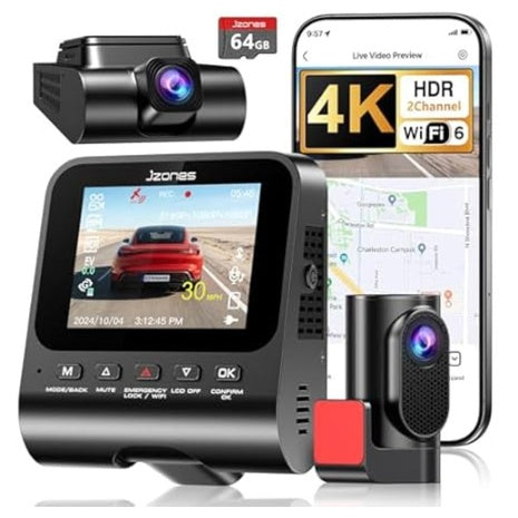 Jzones 4K Front & 1080p Rear HDR Night Vision Dash Camera With 64GB Card