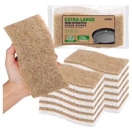 12-Count Aidea XL Non-Scratch Natural Dish Scrub Sponges