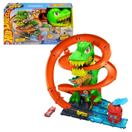 Hot Wheels City T-Rex Blaze Battle Playset & 1:64 Scale Die-Cast Car