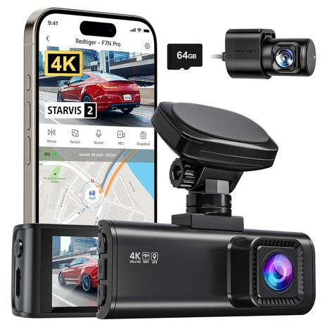 RedTiger 4K  STARVIS 2 Sensor Front and Rear Dash Cam w/ 64GB Card