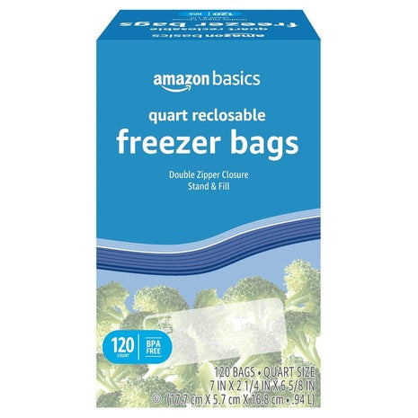 120.Count Amazon Basics Reclosable Freezer Quart Bags
