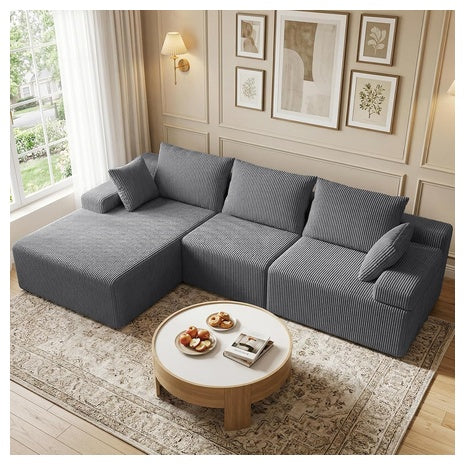 Kinmars 108" Corduroy L-Shaped Sectional Sofa (Dark Gray)