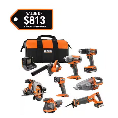 Ridgid 18V Cordless 8-Tool Combo Kit with Batteries & Charger
