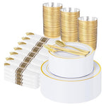350-Piece Gold Disposable Dinnerware Set with Pre-Rolled Napkins