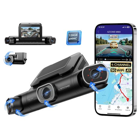 Azdome 360° 4 Channel Dash Cam Front and Rear Inside