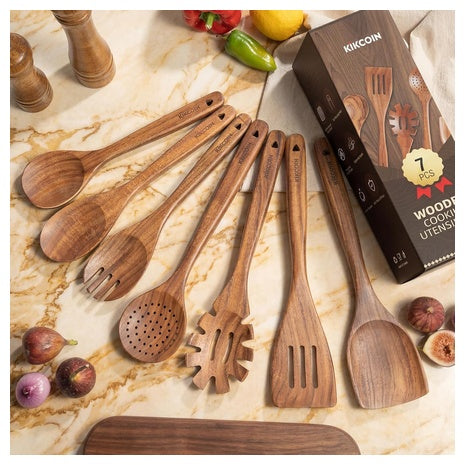 7-Piece Kikcoin Natural Teak Wood Cooking Utensil Set