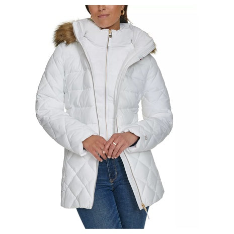 Tommy Hilfiger Women's Bibbed Faux Fur Trim Hooded Puffer Coat