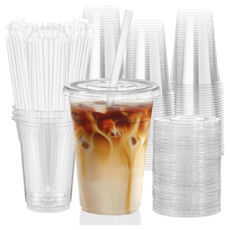 100-Pack 16oz Plastic Cups with Lids & Straws