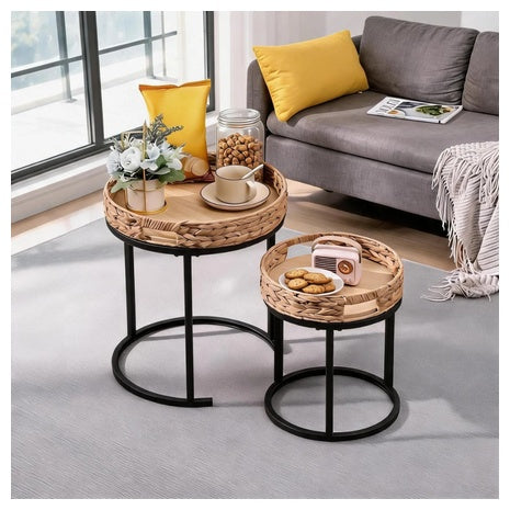 Set Of 2 Bungalow Rose Nesting Round Rattan Side End Tables