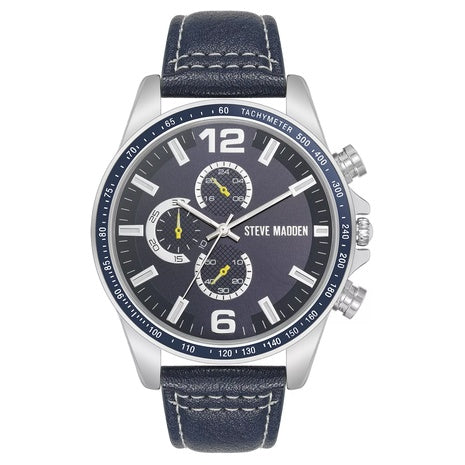 Steve Madden Men's Modern Navy Faux Leather and Silver-Tone Alloy Metal Watc