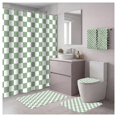 6-Piece Sage Green Checkered Bathroom Set