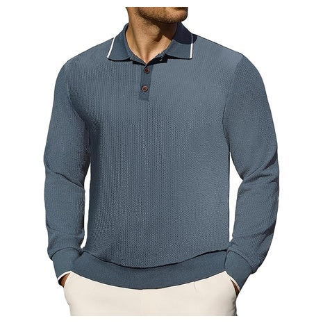 Men's Casual Long Sleeve Textured Collared Polo Shirts
