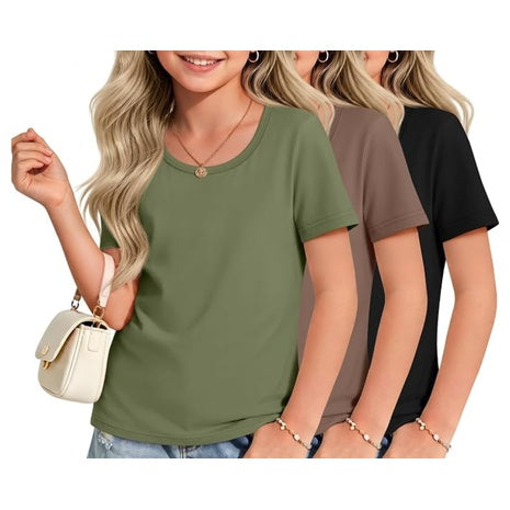 3-Pack Girl's Short Sleeve Crew Neck Fitted T-Shirts (Various)