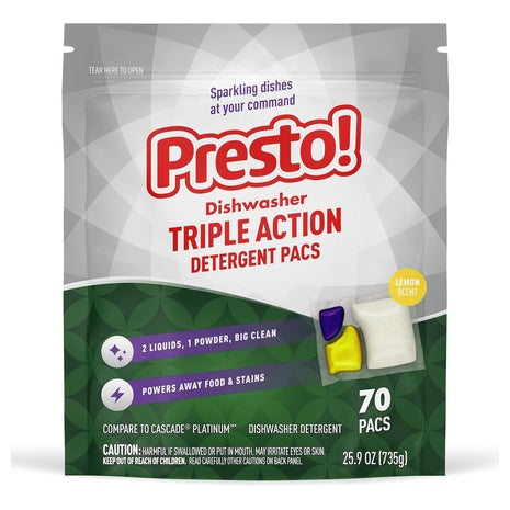 70-Count Amazon Brand Presto! Triple Action Dishwasher Pacs (Lemon Scent)