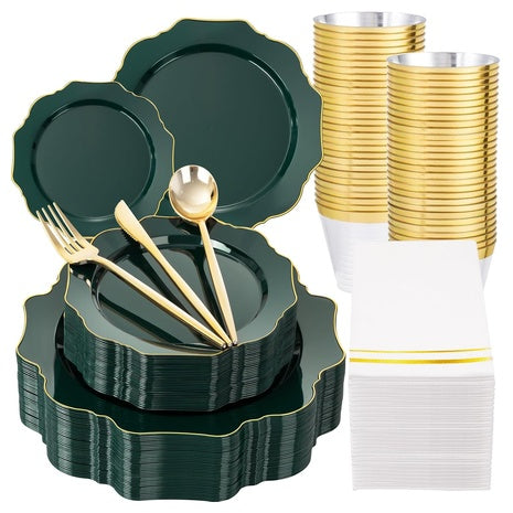 175 Piece Green & Gold Disposable Dinnerware Set