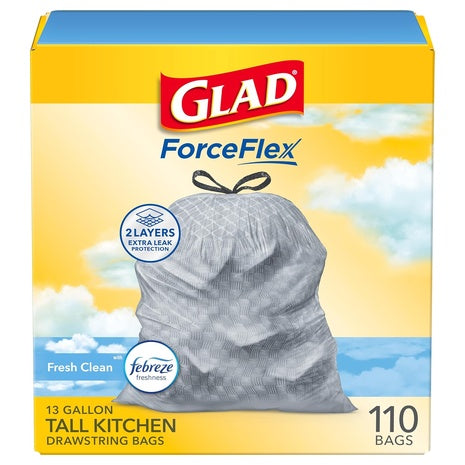 110 Glad 13 Gallon Tall Kitchen Drawstring Trash Bags - Odorshield, White, Febreze Fresh Clean