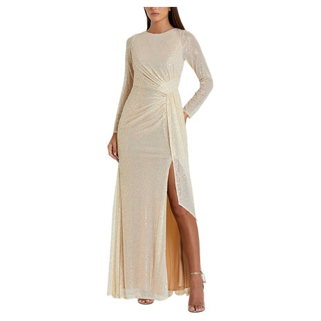 Sequined Ruched Boat Neck Gown