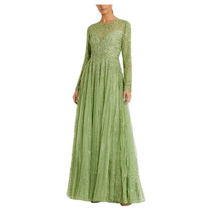 Beaded Mesh Illusion A Line Gown