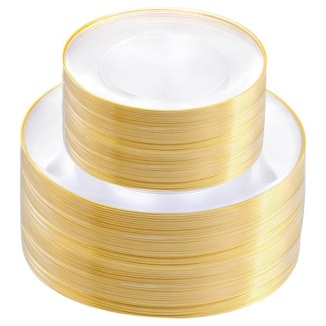 100 Clear and Gold Dinner & Dessert Plastic Plates