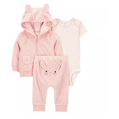 3-Piece Baby Girls Carter's Bunny Cardigan, Bodysuit & Pants Set