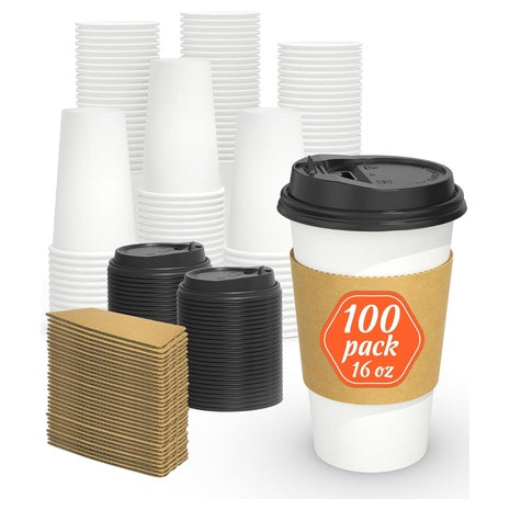 100 16oz Disposable Coffee Cups with Lids & Sleeves