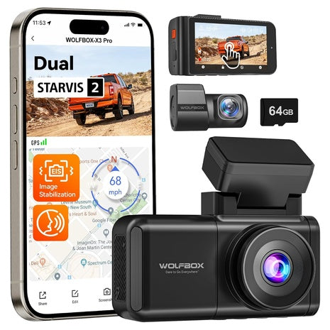 Wolfbox X3 Pro1440P Front & Rear Starvis 2 WiFi Dash Cam with 64GB Card