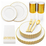 175-Piece White and Gold Plastic Plates Set
