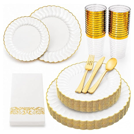 175-Piece White and Gold Plastic Plates Set
