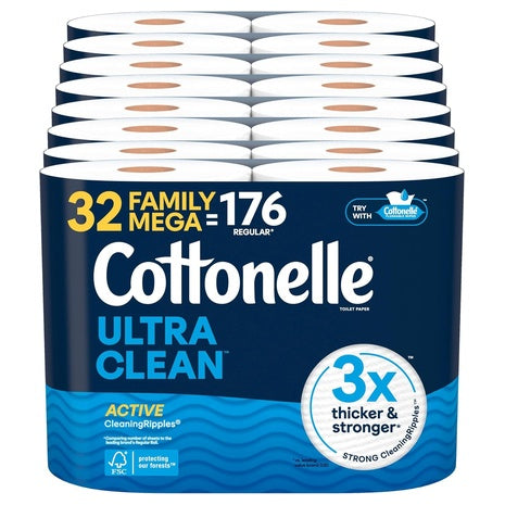 32 Cottonelle Ultra Clean Family Mega Rolls Toilet Paper