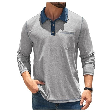 Men's Long Sleeve Casual Collared Polo Shirts W/ Pocket