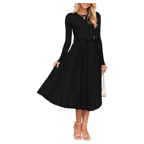 Women's Long Sleeve Pleated Knit Dress (9 Colors)