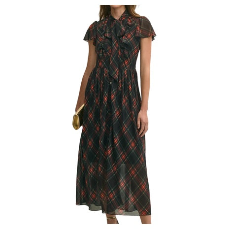 Women's Chiffon Plaid Flutter Sleeve Maxi Dress