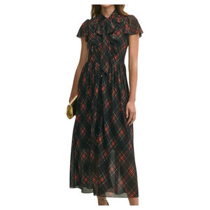Women's Chiffon Plaid Flutter Sleeve Maxi Dress