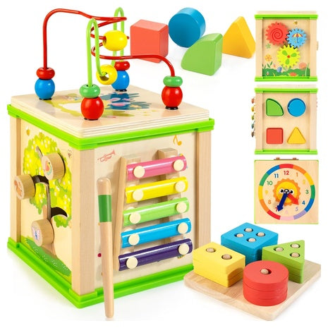 7-in-1 Wooden Montessori Activity Cube with Sorting Board