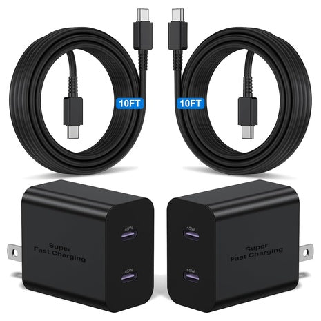 2 45W Dual Port USB-C Fast Chargers with 10-Ft Cables