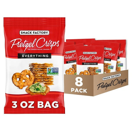 8 Pack Of Snack Factory Everything Pretzel Crisps 3oz Bags