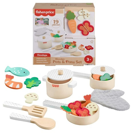 19-Piece Fisher-Price Wood Kitchen Pretend Play Toy Pots & Pans Set