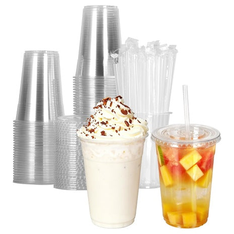100 16oz Plastic Cups With Lids & Straws