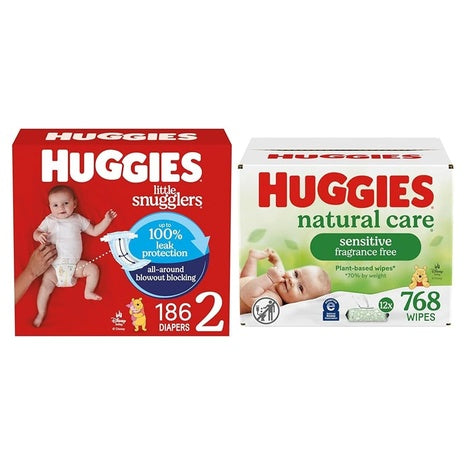 Size 2 Huggies Little Snugglers, 186 Diapers + 768 Wipes