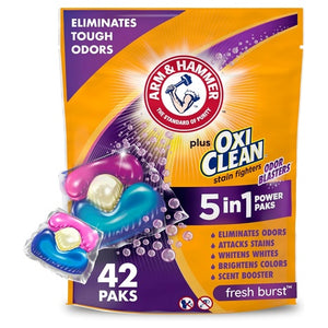 Arm & Hammer Plus OxiClean with Odor Blasters Laundry Detergent Power Paks, Fresh Burst Scent, 42 Count