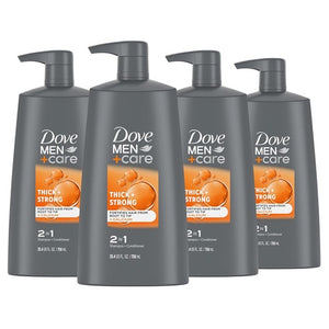 4 Dove Men+Care Thick + Strong 2-in-1 Shampoo & Conditioner Bottles