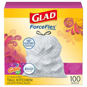 100 Glad ForceFlex 13 Gallon Tall Kitchen Trash Bags, White, Gain Moonlight Breeze